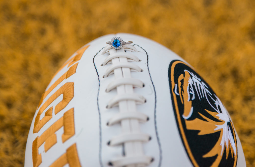 University-of-Missouri-engagement-session- football-field-Mizzou-columbia-Missouri-ring-shot